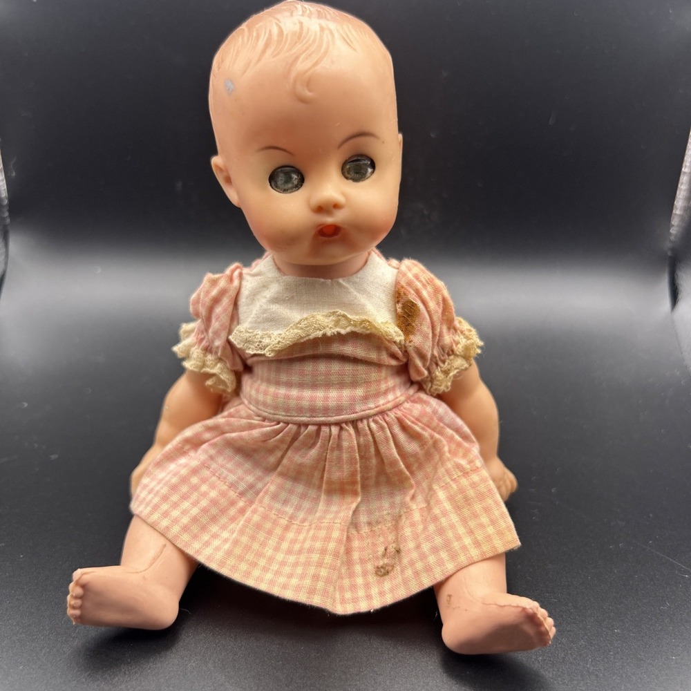 Vintage 1950s Sleep Eye Baby Doll Hard Plastic Unmarked w Pink Dress